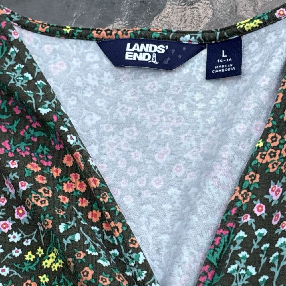 Lands End Dress Faux Wrap Brown Multicolor Floral Sleeveless Sz Large 14-16 - Picture 2 of 13